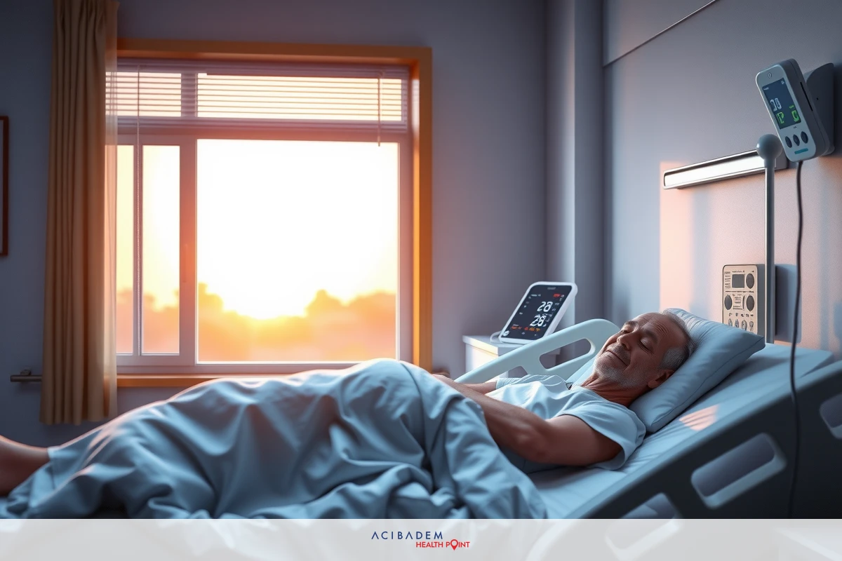 The image shows an older man lying in a hospital bed during sunset. The window behind him is bright with warm sunlight, suggesting the time of day could be early morning or late afternoon. He appears to be resting comfortably under the sheets, and there are medical devices connected to him, such as a heart rate monitor. The room has a clean, sterile environment typical of hospital settings.