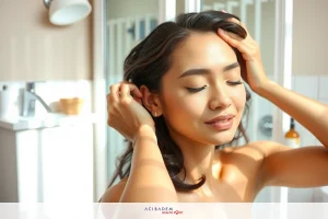 The picture shows a woman preparing to take a shower. She is standing in a bathroom with natural light shining through a window, illuminating her face and hands. Her expression is focused on the task at hand. The color scheme is soft and warm, dominated by earth tones that suggest a calm and relaxed atmosphere.