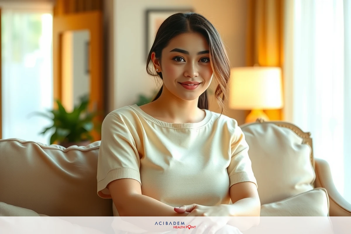 The image features a woman sitting on a couch in what appears to be an indoor setting, possibly a living room or an office. She is wearing a light-colored top and has a gentle smile on her face.