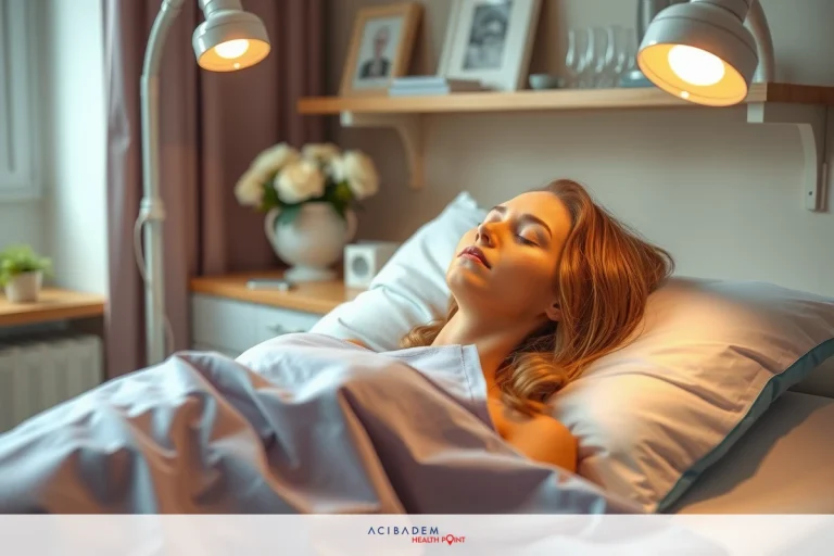 The image features a woman lying in bed, possibly asleep. She is wearing light-colored sleepwear and there are sheets that match the color scheme of the room. The setting appears to be a modern, cozy bedroom with a warm ambiance created by soft lighting.
