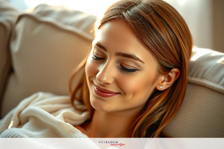 Can I Use Retinol After Rhinoplasty? A woman sitting on a couch with her eyes closed, smiling gently. She has light hair and appears to be in a state of relaxation or contentment.