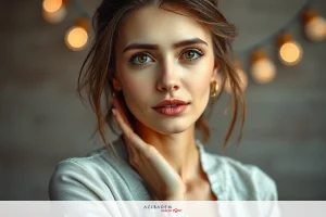 Close-up of a woman's face, looking slightly away from the camera with her lips parted, eyes focused and skin texture visible. The setting appears to be an indoor space with warm lighting, possibly from string lights.