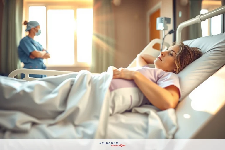 How Long Does Rhinoplasty Swelling Last? A hospital room where a woman is lying in bed, receiving medical attention from a nurse. The environment suggests a calm and professional healthcare setting.