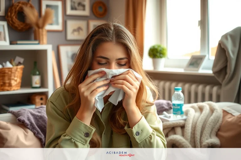 When Can I Blow Nose After Rhinoplasty? Young woman sitting on couch holding tissue to nose, possibly indicating cold or flu symptoms. Indoor setting with windows, blurred in background, emphasizing her actions.