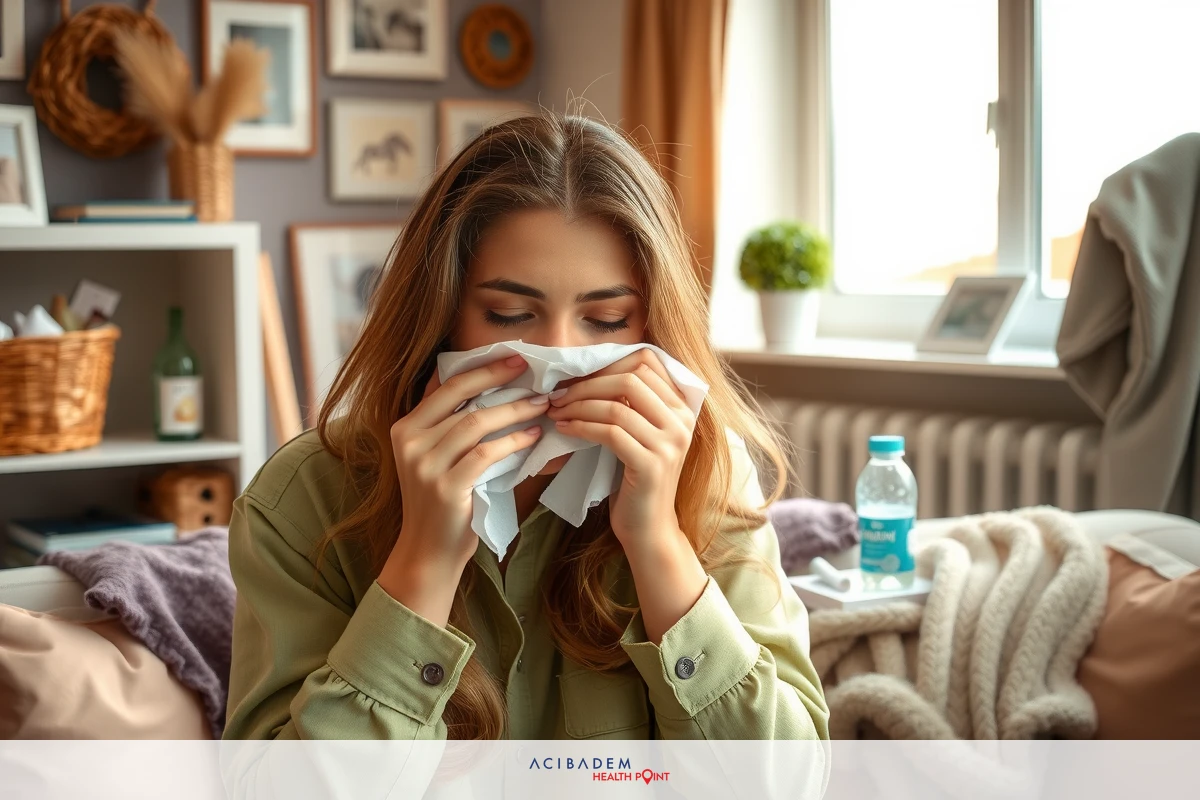 Young woman sitting on couch holding tissue to nose, possibly indicating cold or flu symptoms. Indoor setting with windows, blurred in background, emphasizing her actions.