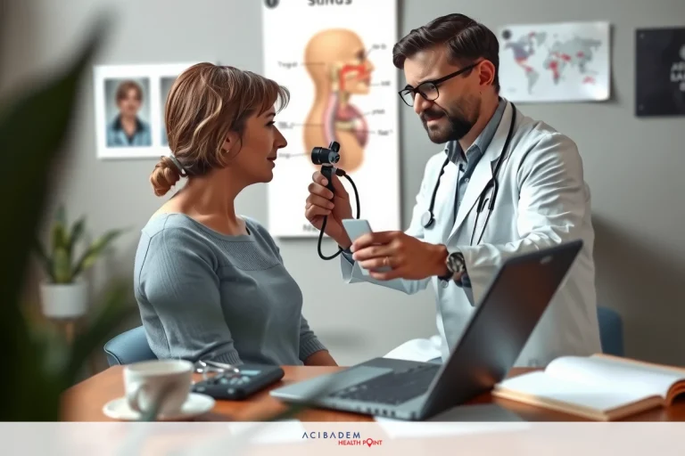 A female patient in a medical office, smiling and engaging with a male doctor, suggesting a routine checkup or consultation.