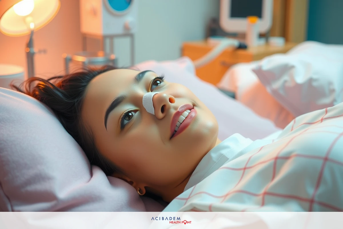 The image shows a woman lying in bed, smiling and looking towards the viewer. She has a small bandage or medical tape on her nose. The room appears to be well-lit with warm lighting.