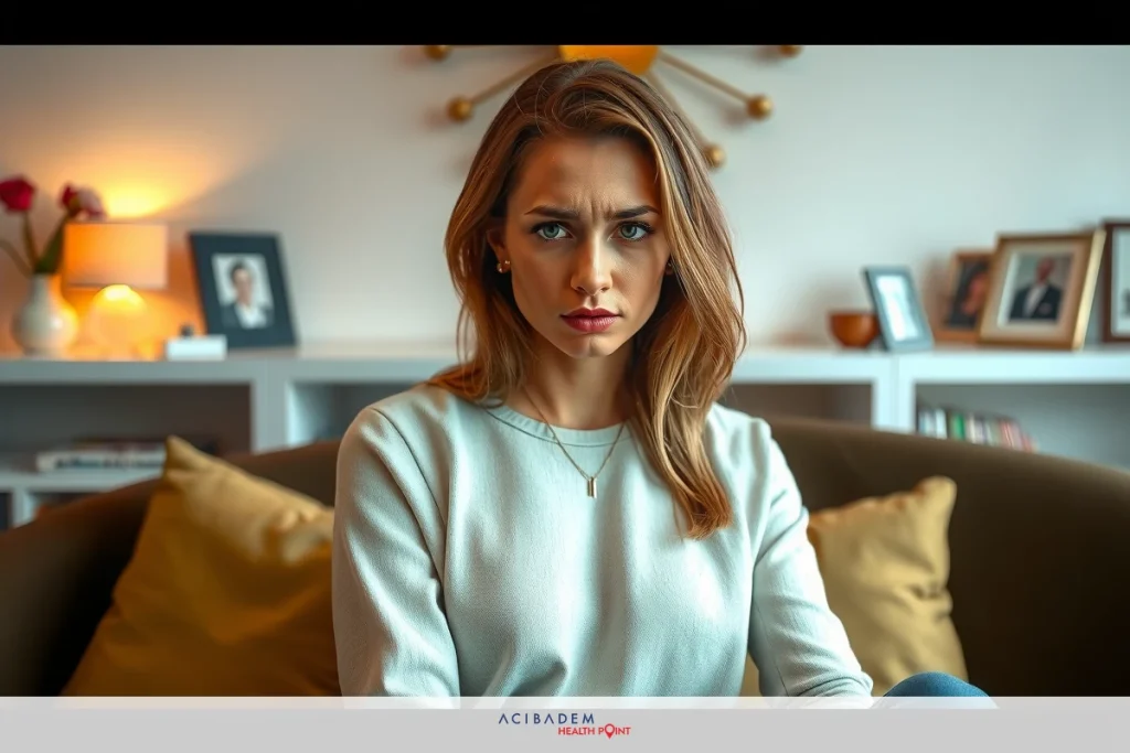 The image depicts a woman seated on a couch in what appears to be a living room. She is wearing a casual, long-sleeved top and her expression seems contemplative or serious. The room has a contemporary feel with neutral colors and minimal decor.