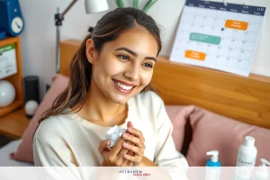 A woman in a bedroom, wearing a white shirt and smiling, holding a green product. She is surrounded by skincare products on a bed.