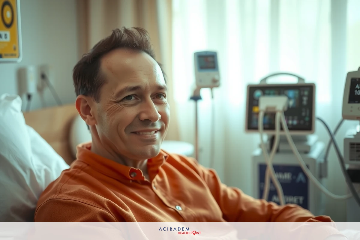 A man in a hospital bed with medical equipment around him, looking at the camera with a slight smile.