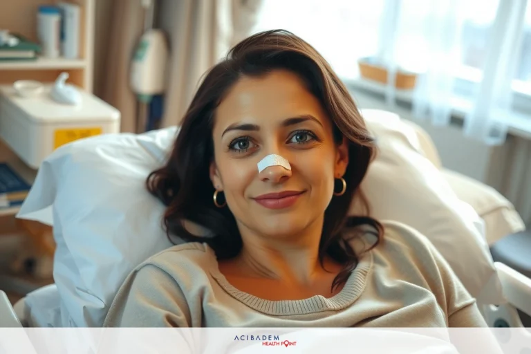 A woman smiling at the camera while lying in a hospital bed. She has a bandage on her nose and is wearing an eye patch. The environment suggests a medical setting, possibly a ward or recovery room. There are clinical objects like tubes and pillows around her, indicating she's being cared for.