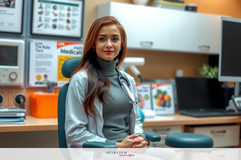A woman wearing a medical coat is sitting in an office chair. She appears to be in a professional setting, possibly a clinical practice, as suggested by the background of computer monitors and medical equipment.