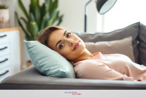 A woman relaxing in a gray sofa with her head on a blue pillow. She is wearing a pink blouse and appears to be resting or enjoying some leisure time at home.