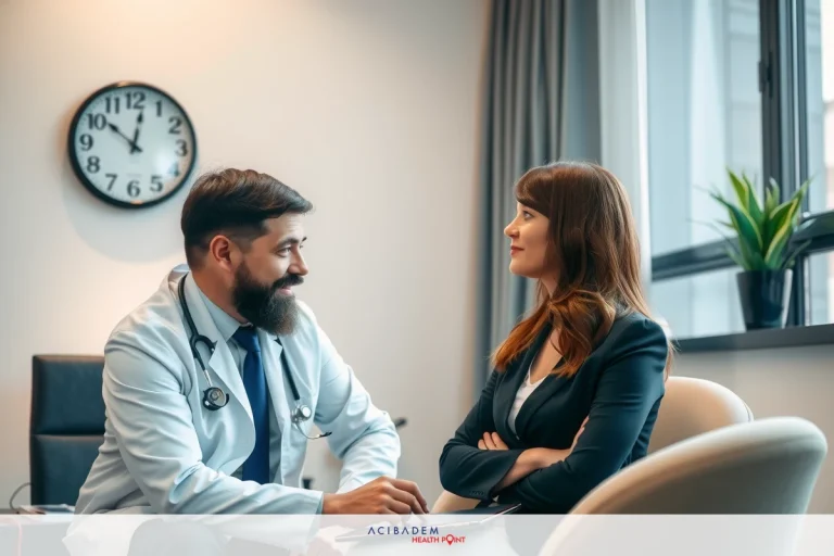 A doctor, a man wearing a beige coat with a white stethoscope around his neck, is seated in front of a woman who sits opposite him. The woman appears to be listening intently. They are both indoors, likely within a clinical office environment characterized by an off-white wall and a clock visible in the background. The doctor is wearing glasses and has a beard; he is smiling at the patient, suggesting a professional yet friendly interaction.