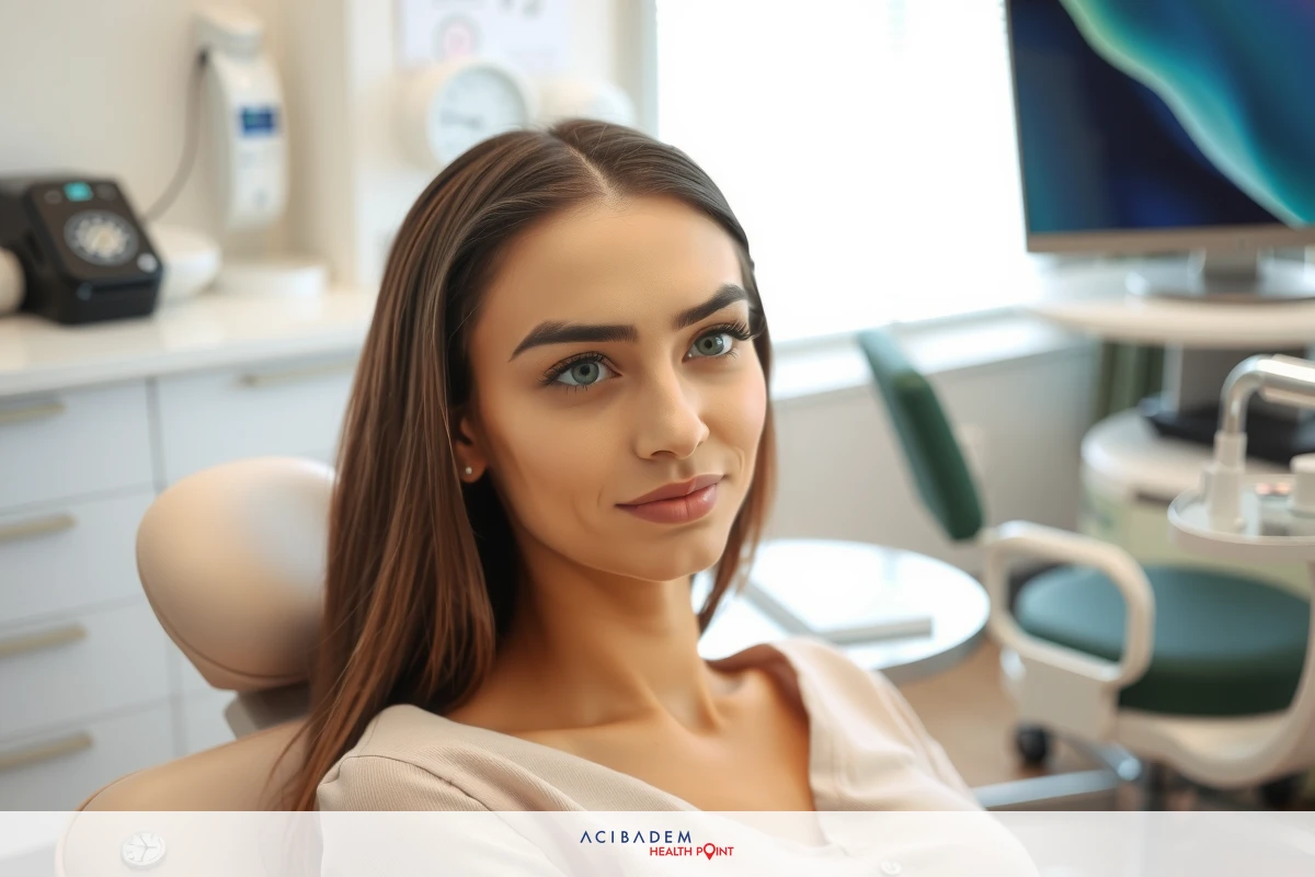 Woman in dental office, sitting with hands clasped. Background of medical equipment and computer screens, suggesting professional environment.