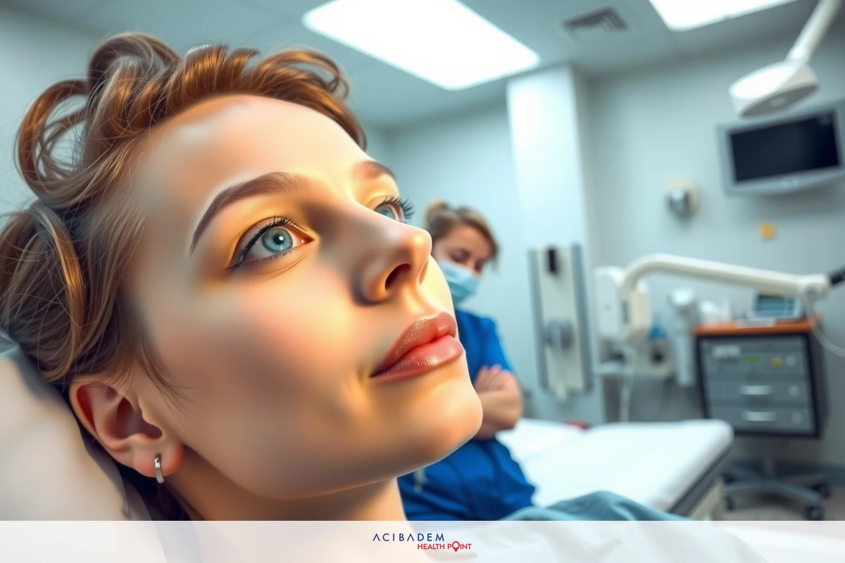The image shows a woman lying down in what appears to be a medical setting, possibly a hospital or clinic. She is wearing a medical gown and has a concerned look on her face. Another person, likely a medical professional given the context, is standing beside her, looking at some documents.