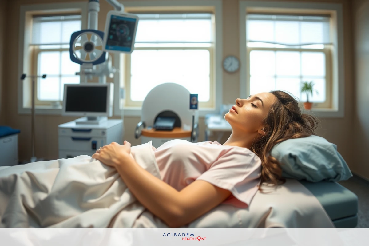 The image shows a woman lying in a hospital bed, possibly as part of a medical examination or treatment. She appears to be relaxed and is looking upward towards the ceiling. The room has various pieces of medical equipment around her, indicating she may be receiving care or monitoring within a healthcare facility.