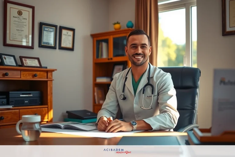 A male doctor smiling at the camera in an office setting. He is wearing a white coat and is seated behind a desk with papers.