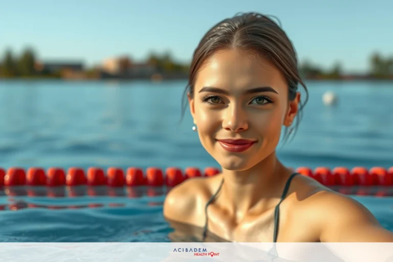 When Can I Swim After Rhinoplasty The image depicts a woman posing in the water, likely at an outdoor pool. She is wearing a swimsuit and has her hair tied back. The environment suggests a sunny day with clear skies. Her facial expression is relaxed and content.