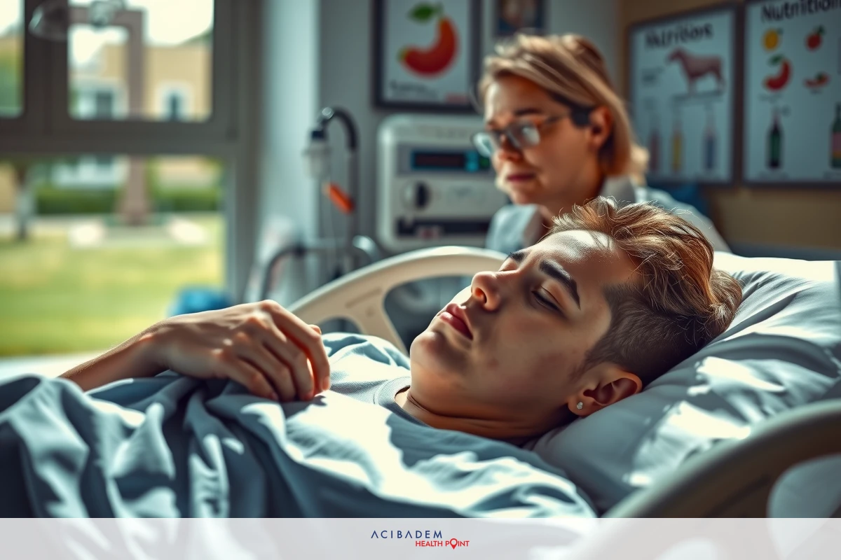 The image depicts a person lying in a hospital bed. The individual appears to be receiving medical treatment, and the room is equipped for medical procedures. A healthcare professional stands attentively beside the patient, monitoring the situation.