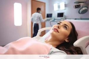 The image portrays a healthcare setting with two individuals. A woman is lying down on a hospital bed, possibly receiving medical attention or treatment. She appears relaxed and at ease. Standing next to her is another individual who seems to be observing the process or providing assistance. The environment suggests an inpatient care facility equipped with modern medical equipment.