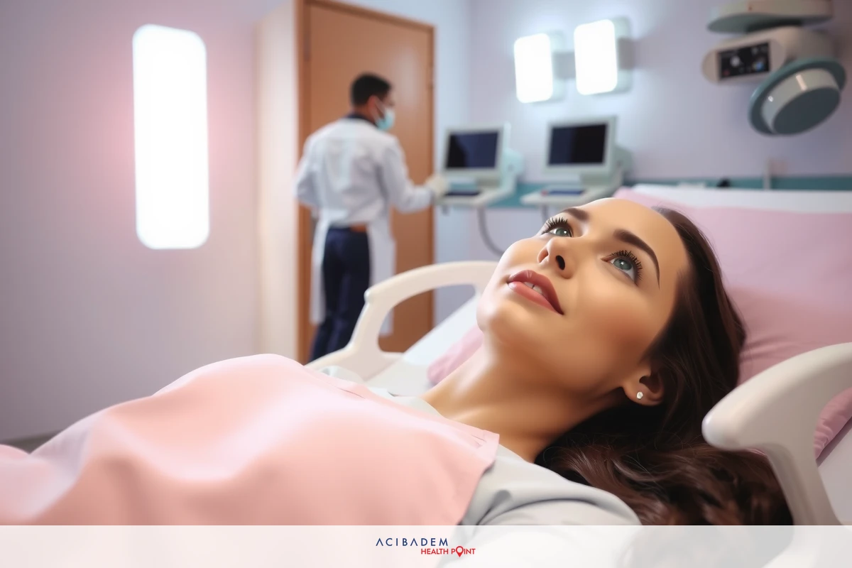 The image portrays a healthcare setting with two individuals. A woman is lying down on a hospital bed, possibly receiving medical attention or treatment. She appears relaxed and at ease. Standing next to her is another individual who seems to be observing the process or providing assistance. The environment suggests an inpatient care facility equipped with modern medical equipment.