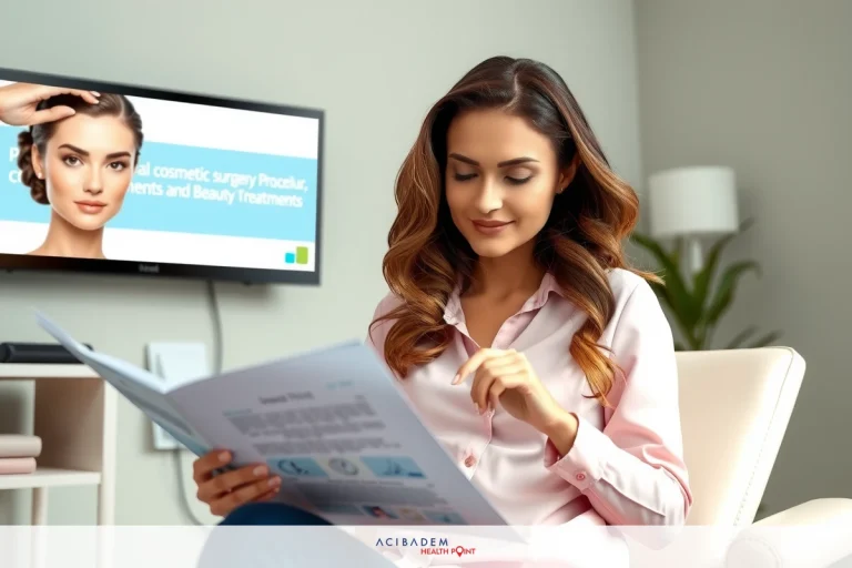 The image shows a woman seated on a couch, engrossed in reading a brochure or paperwork. She appears to be in a modern living space with comfortable furniture and a flat-screen television in the background displaying health-related content.