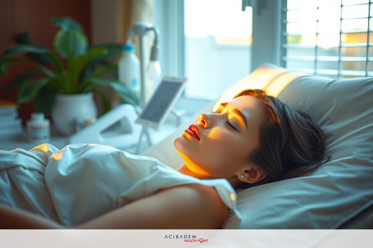 A woman lying in a hospital bed, facing the sunlight coming through a window. The room is serene with natural light illuminating her face as she rests.