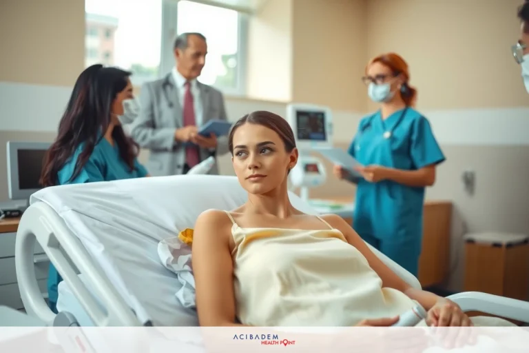 The image depicts a hospital setting where a woman is lying on a bed, possibly receiving medical attention. She appears calm and cooperative with the healthcare professionals around her. The environment includes a clinical white-coat attire worn by the staff, indicating a professional medical atmosphere.