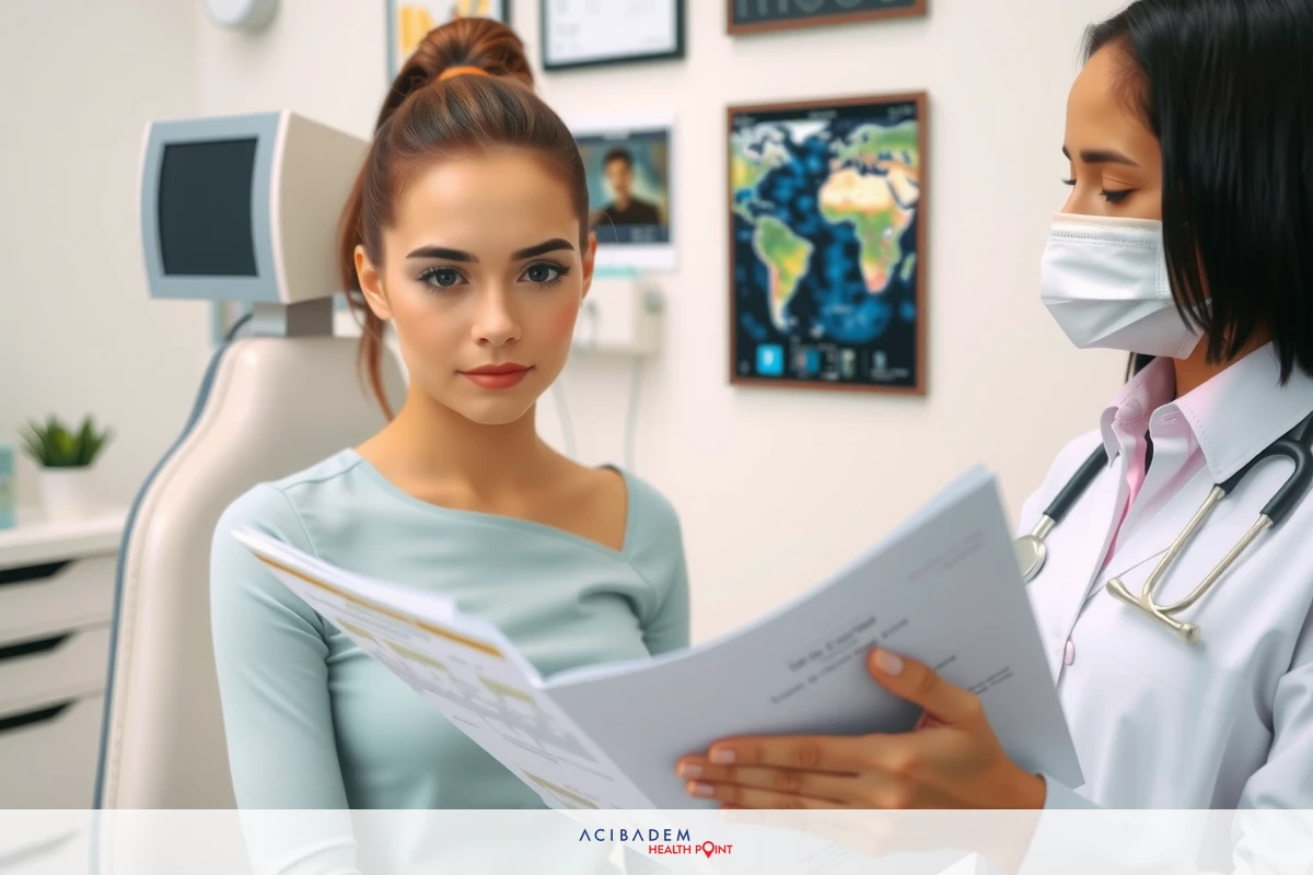 The image is a digital composite or altered photo that depicts two individuals in a medical office setting. A woman, likely the patient based on her pose and context. The environment includes clinical elements such as a digital x-ray viewer on the wall and framed diplomas indicating professional qualifications.
