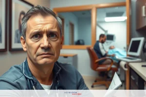 The image depicts a medical professional, likely a doctor, standing in an office setting. The man is wearing scrubs and appears to be engaged in his work.