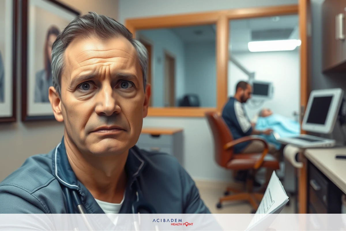 The image depicts a medical professional, likely a doctor, standing in an office setting. The man is wearing scrubs and appears to be engaged in his work.