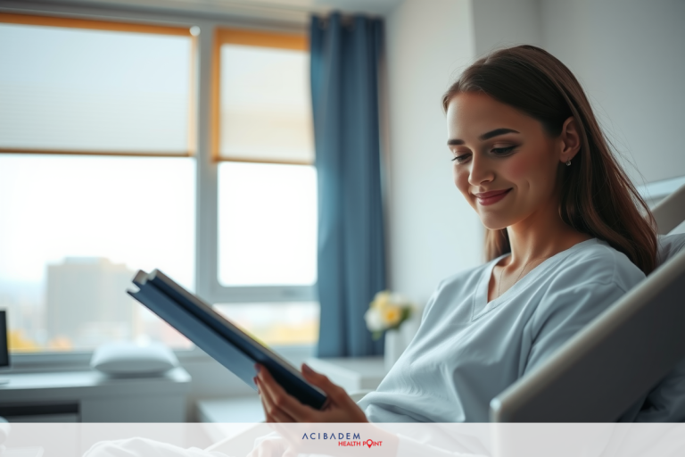 Can Rhinoplasty Cause Nasal Polyps? Smiling woman, likely a nurse, in a hospital room reading an iPad. She is seated comfortably on a hospital bed. The environment is clean and professional with lighting that suggests it could be either daytime or well-lit indoors.