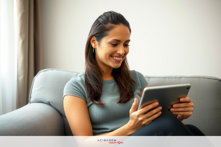 The image shows a woman seated on a couch, smiling and looking at a tablet or iPad she is holding in both hands. The background suggests an indoor setting with neutral tones. Her engagement with the device implies that she might be browsing the internet, reading, or working.