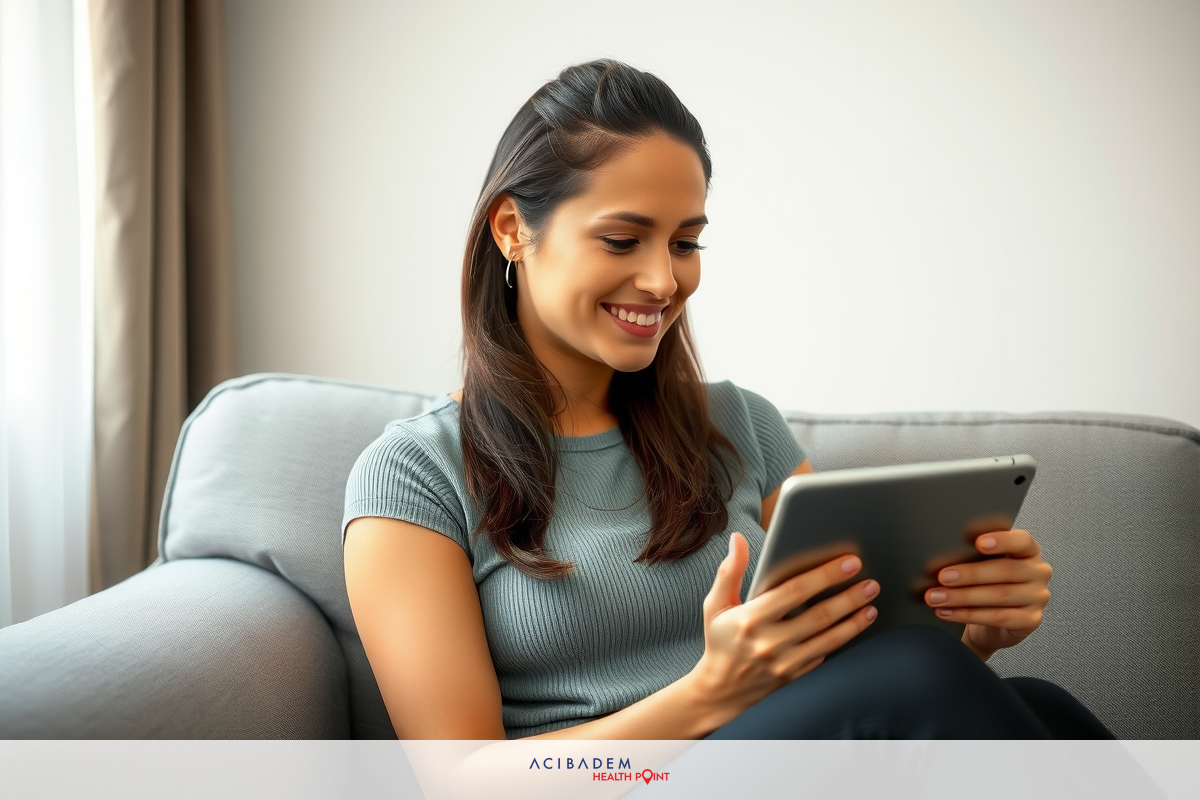 The image shows a woman seated on a couch, smiling and looking at a tablet or iPad she is holding in both hands. The background suggests an indoor setting with neutral tones. Her engagement with the device implies that she might be browsing the internet, reading, or working.