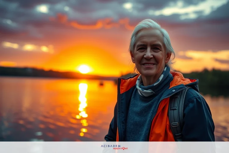 An elderly person, likely a woman, stands at the water's edge during sunset. The sky is a warm blend of orange and pink hues as it meets the horizon.