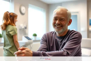The image shows a man and a woman in a medical setting. The man is seated on the left, smiling towards the woman who is standing on his right. Both are wearing casual clothing suitable for a relaxed environment.