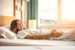 A young woman is lying in a bed, wearing a white nightgown. She has blond hair and appears to be smiling. The room has bright sunlight coming through the window, illuminating her face. There's a sense of relaxation and happiness captured in the image.