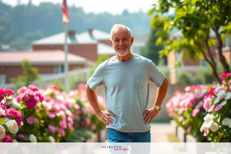 The image features a man standing in front of an outdoor setting with pink flowers. He is dressed casually in blue jeans and a short-sleeved shirt, holding his hands on his hips. His expression is content as he poses for the picture. The environment suggests a sunny day with clear skies over the garden.