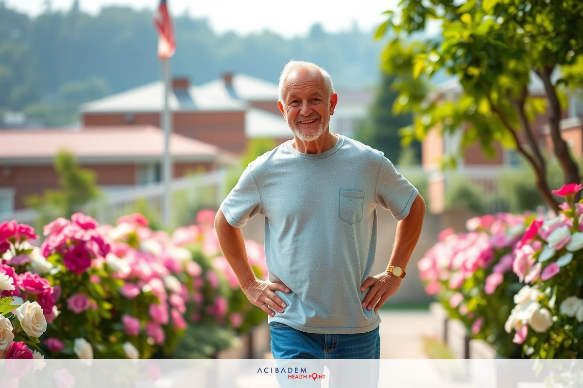 The image features a man standing in front of an outdoor setting with pink flowers. He is dressed casually in blue jeans and a short-sleeved shirt, holding his hands on his hips. His expression is content as he poses for the picture. The environment suggests a sunny day with clear skies over the garden.