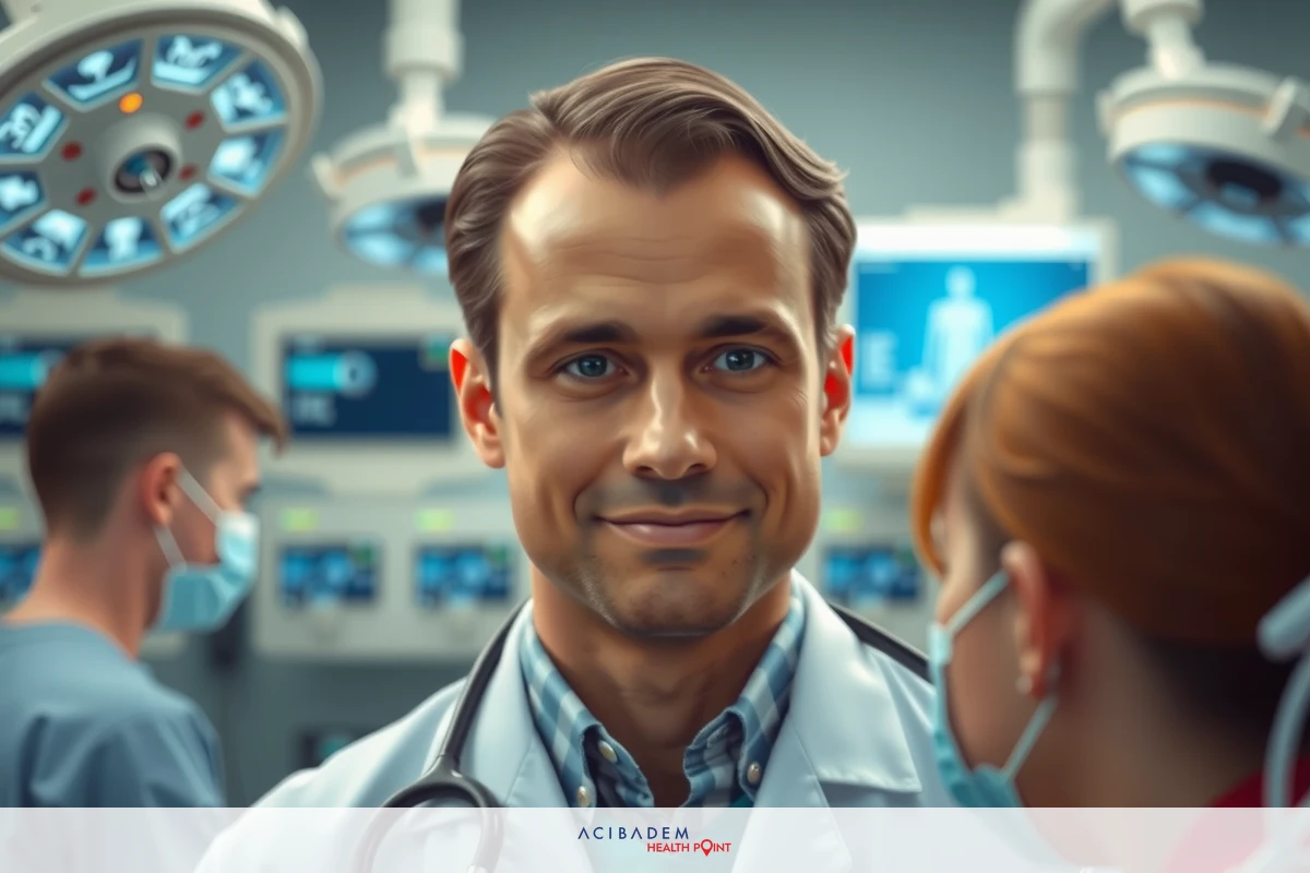 A man in a doctor's outfit smiling at another person in a hospital environment, with various medical equipment and personnel around them.