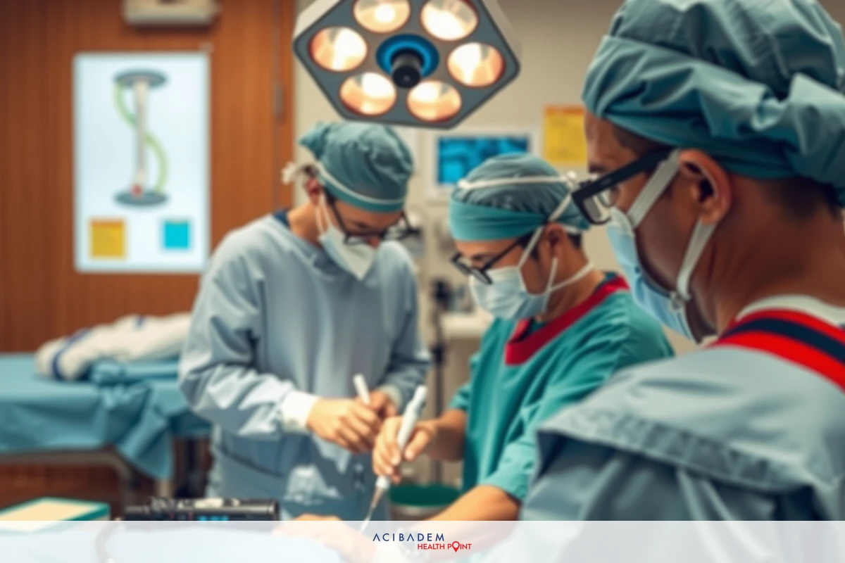 Three surgeons wearing surgical gowns and face masks are operating on a patient in a well-lit hospital room.