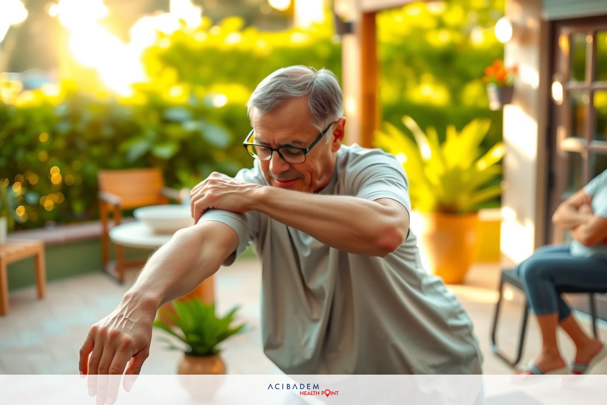 An older man is stretching his right arm, possibly as part of an exercise routine. He is in a comfortable setting with natural light, possibly on a balcony or patio, surrounded by potted plants and outdoor furniture.