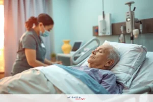 A hospital room with an elderly patient lying on a bed, receiving care from a nurse. The room is clinical and lit by natural light.