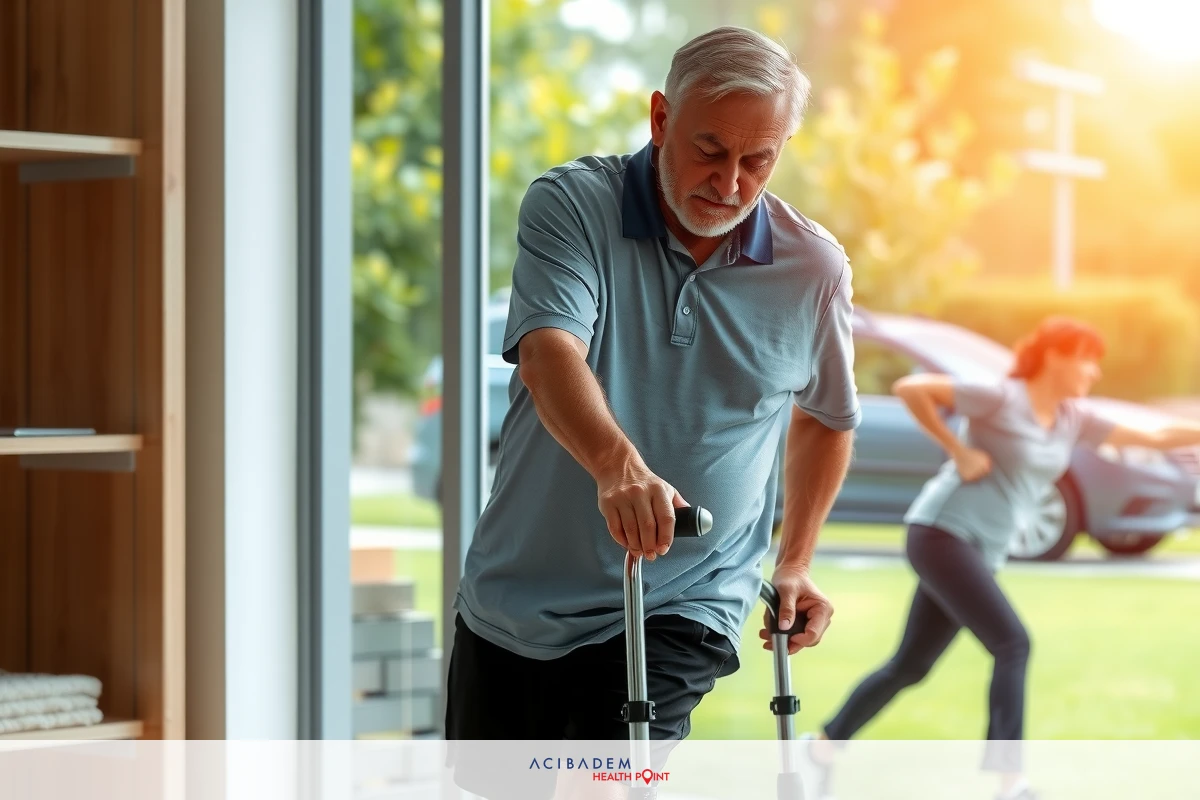 Older man with cane, wearing blue polo shirt, on grassy lawn in front of modern house with large windows and glass door. Sunny day.
