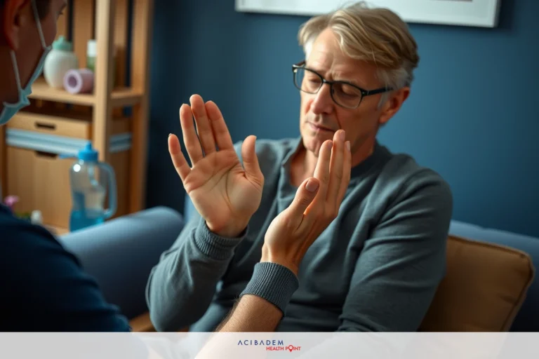 What Disease Causes Joints Not to Bend Man in gray sweater sitting on couch, receiving care from another person. They are inside a cozy living room setting.