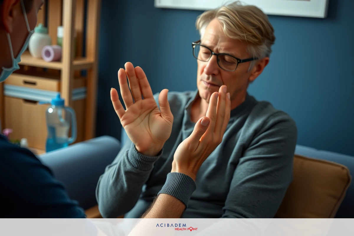 Man in gray sweater sitting on couch, receiving care from another person. They are inside a cozy living room setting.