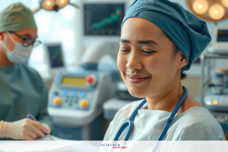 Smiling woman in blue scrubs sitting at desk with another medical professional, likely a doctor, in background. Both wear surgical attire suggesting clinical environment.