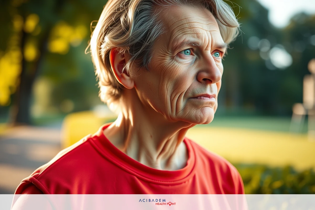 The image portrays an older gentleman with a contemplative expression, standing outdoors during the daytime. He's wearing a vibrant red t-shirt which stands out against the natural backdrop of trees and grass.