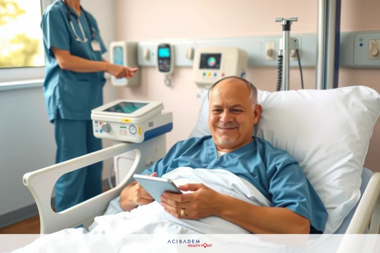 The image depicts a hospital scene. In the foreground, there is an elderly man lying in bed with medical equipment around him, which includes heart rate monitors and infusion pumps. He is smiling at the camera.